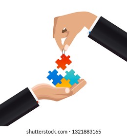 Two Businessmen putting puzzle pieces together. Vector illustration