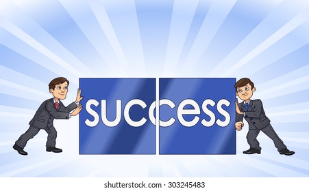Two businessmen are putting together blocks with word Success on them symbolizing team work