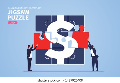 Two businessmen puzzle full dollar currency symbol