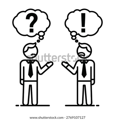 Two businessmen with puzzled faces and question mark and exclamation mark thought bubbles, conveying confusion and surprise in a professional setting