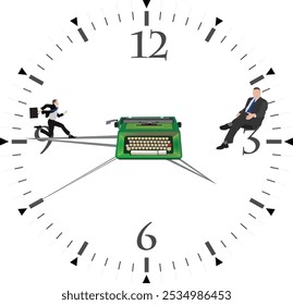 Two businessmen racing against time on a clock with a typewriter in the center