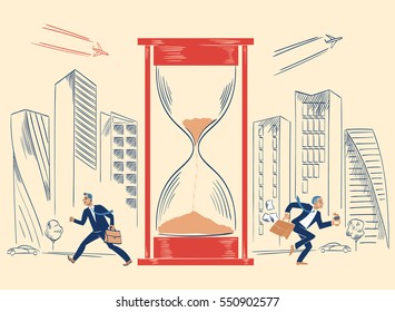 Two businessmen racing through their city to meet their deadlines, both are carrying briefcases, one has a coffee. Business city with tall skyscrapers and flying airplanes in the background.