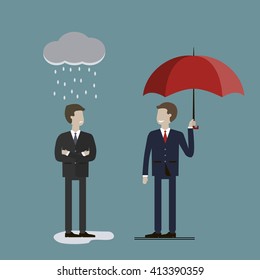 Two businessmen in rain. One is protected by a parasol, the other wet. The concept of success and loser. Vector illustration. Flat style characters