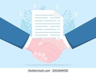 Two Businessmen Reach a Deal or Agreement Shaking Hands on Cooperation Contract as Successful Partners. Background Vector Illustration 