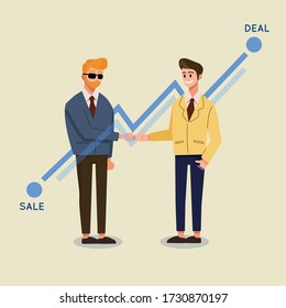 Two businessmen reaching an agreement and making a deal after a business meeting. Vector illustration.