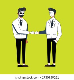 Two businessmen reaching an agreement and making a deal after a business meeting. Vector illustration.