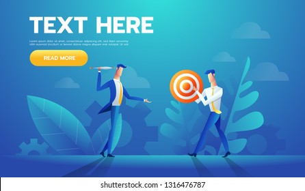 Two businessmen with red and white striped target and a arrow in a concept of business goals and success, cartoon vector illustration.