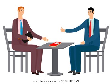 Two businessmen rejoice in success. Victory came after hard work. Two men in office suits and ties, sitting at the table. On the table is an important contract. Vector illustration