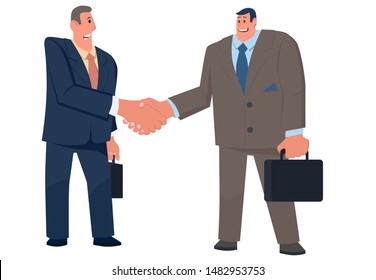 Two businessmen rejoice in success. The victory came after hard and hard work. Two men in office suits with ties. Vector illustration.