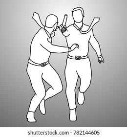 Two businessmen relay race vector illustration doodle sketch hand drawn with black lines isolated on gray background. Teamwork business concept. 