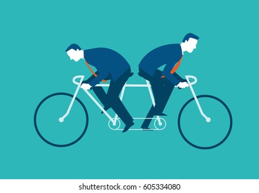 Two businessmen riding the same bike but in opposite directions. Vector illustration business concept