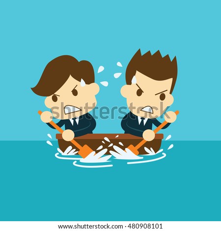 two businessmen rowing in opposite directions.the boat is not going anywhere