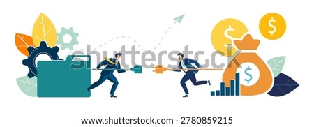 Two businessmen run towards each other with electric plug and socket to create more energy for financial profitability. Economic growth, deposit, gold dollar cents Vector illustration business concept, challenge, coworking, flyer, magazine achievement, clip art, infographic, booklet, office, work, infographic, SEO, headline, computer, analytics, business lady, analytics,
arrow, assistance, balance, career, chart, concepts, cooperation, creativity, direction, friendship, group, growth, holding, ideas,
