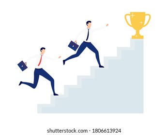 Two businessmen running career ladder vector illustration. Employees climbing up the stairs to the gold trophy cup.
