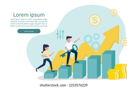 Two businessmen running on a bar graph. The bar graph likely represents financial performance, sales or other metric of success. Arrow on the back wall represents growth or upward trend. 