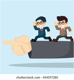 two businessmen running on a big hand