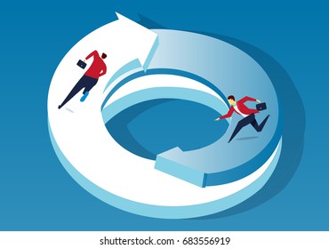 Two businessmen running on the circled arrows