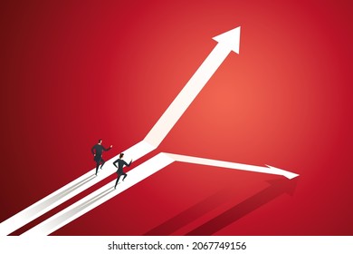 Two businessmen running on an up and down arrow graph path Risk of investing in different businesses, profits, losses, competition in business.  isometric vector illustration.