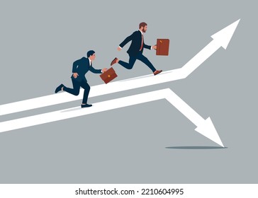Zwei Geschäftsleute laufen auf einem Pfeil nach oben und unten. Risiko von Investitionen in verschiedene Unternehmen, Wettbewerb in Unternehmen, Gewinne, Verluste. Flache Vektorgrafik.