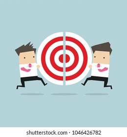 Two businessmen running and push a pieces of target. vector