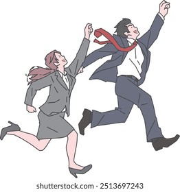 Two businessmen are running with their hands raised, symbolizing economic growth.