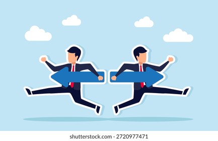 Dos hombres de negocios corriendo mientras llevaban flechas opuestas ilustración de opiniones diferentes entre los accionistas de negocios