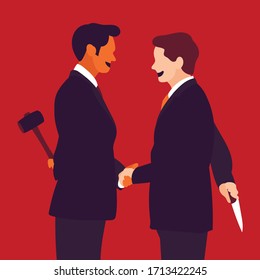 Two businessmen shake hands, but behind the scenes hidden the knife and hammer