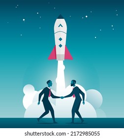 Two businessmen shake hands. Business startup vector illustration. Rocket launch