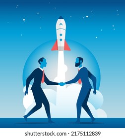 Two businessmen shake hands. Business startup vector illustration. Rocket launch