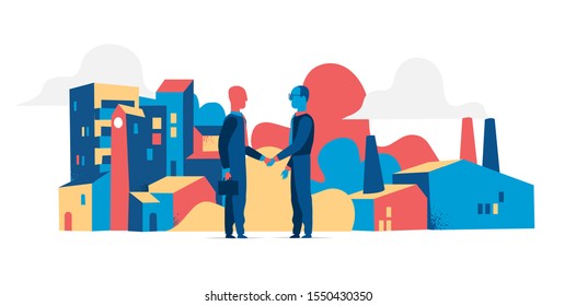 Two businessmen shake hands with city buildings background. Vector illustration 