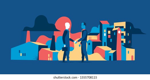 Two businessmen shake hands. City buildings background. Vector illustration 