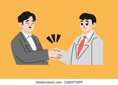 Two businessmen shake hands with each other after a successful deal. Partnership concept. Handshake of two men. Flat style vector illustration