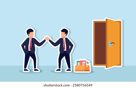 Two businessmen shake hands in front of an office door, illustration of employee position transition in business