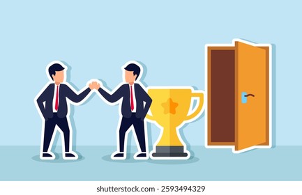 Two businessmen shake hands in front of a door beside a trophy, illustration of an agreement in employee transition from professional to fresh graduate