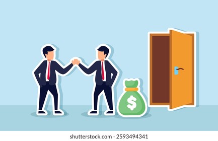 Two businessmen shake hands in front of a door beside a money bag, illustration of a business agreement in financial investment