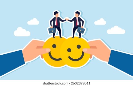 Two businessmen shake hands on top of two happy emoticons held by hands, illustration of an agreement in efforts to gain market attention