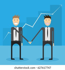 Two businessmen shake hands on the background of a career growth diogram. Vector illustration of a flat design

