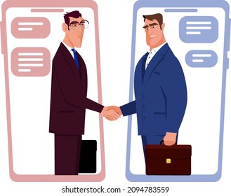 two businessmen shake hands over the phone to signify an agreement. Online business negotiations. Concluding a contract online. Stock vector illustration 