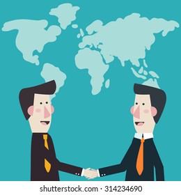 Two businessmen shake hands over world map. Concept of international partnership, cooperation and teamwork in business. Flat modern design style.