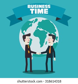 Two businessmen shake hands over world map. Concept of international partnership, cooperation and teamwork in business. Flat modern design style