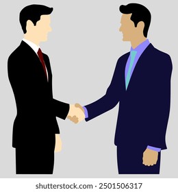 Two businessmen shake hands as a result of agreement. Successful cooperation. Happy different nationality men wearing formal suits . Isolated vector realistic illustration in cartoon style.