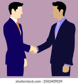 Two businessmen shake hands as a result of agreement. Successful cooperation. Happy different nationality men wearing formal suits . Isolated vector realistic illustration in cartoon style.