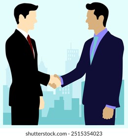 Two businessmen shake hands as a result of agreement with buildings in the background. Successful cooperation. Happy different nationality men wearing formal suits. Flat vector illustration.