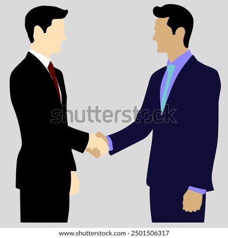 Two businessmen shake hands as a result of agreement. Successful cooperation. Happy different nationality men wearing formal suits . Isolated vector realistic illustration in cartoon style.