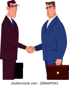 Dos hombres de negocios se dan la mano para representar un acuerdo. Dos hombres dan la mano después de firmar un acuerdo. Ilustración vectorial de acciones