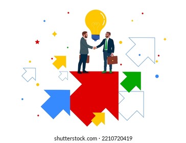 Two businessmen shaking each other hands standing on top of arrow flying up. Deal, benefit, common ground, contract, agreement.  Flat vector illustration.