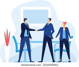 Two businessmen are shaking hands after reaching an agreement during a business meeting, while a businesswoman observes, holding documents, in a modern office setting