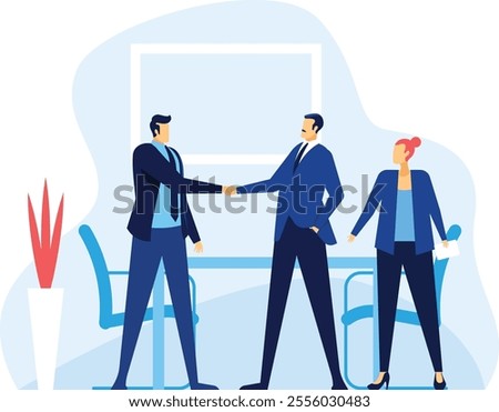 Two businessmen shaking hands after closing a business deal in a modern office, with a businesswoman holding a document standing next to them