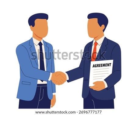 Two businessmen shaking hands after signing agreement. Corporate deal, partnership, business contract, cooperation and trust building concept