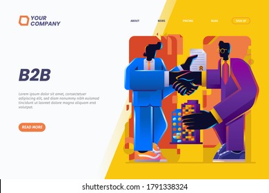 Two businessmen shaking hands, agreeing to work together and become partners in business. business to business and partnership landing page illustration